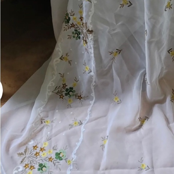 Vintage, 1960s, Junket Gown. Sheer floral embroidery, butterfly sleeves. US14. - Picture 6 of 7